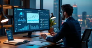 Advogado analisa estratégia de SEO em painel digital com gráficos e ícone de balança jurídica