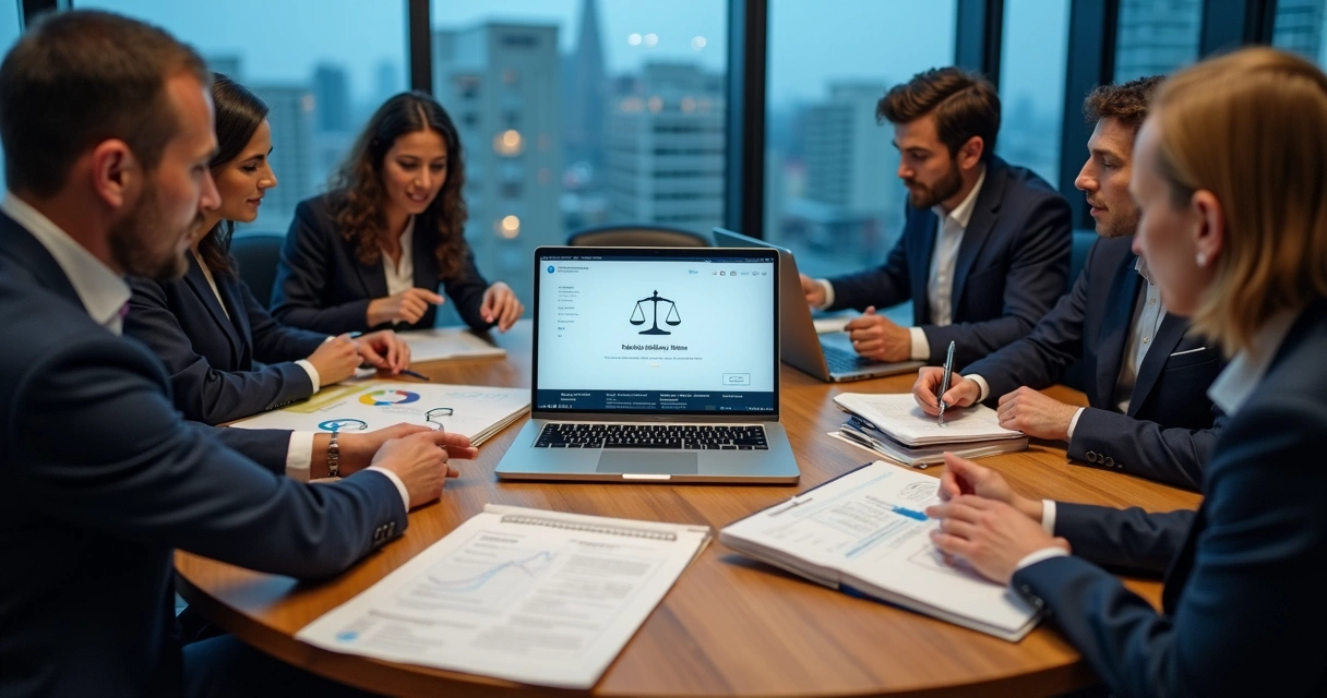Sócios de escritório de advocacia analisando layout de site jurídico em mesa redonda