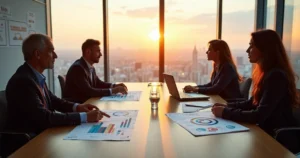 Reunião entre sócios de escritório e consultores de agência discutindo estratégia digital jurídica