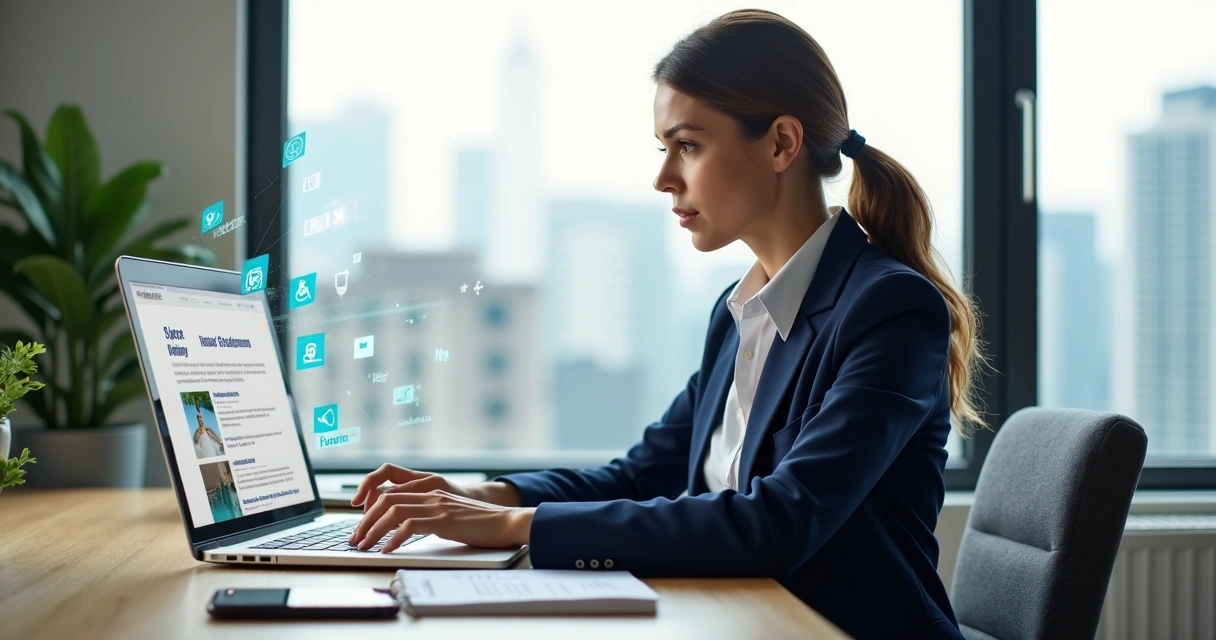 Advogada previdenciária em escritório iluminado revisando site profissional em notebook com ícones de acessibilidade e SEO na tela