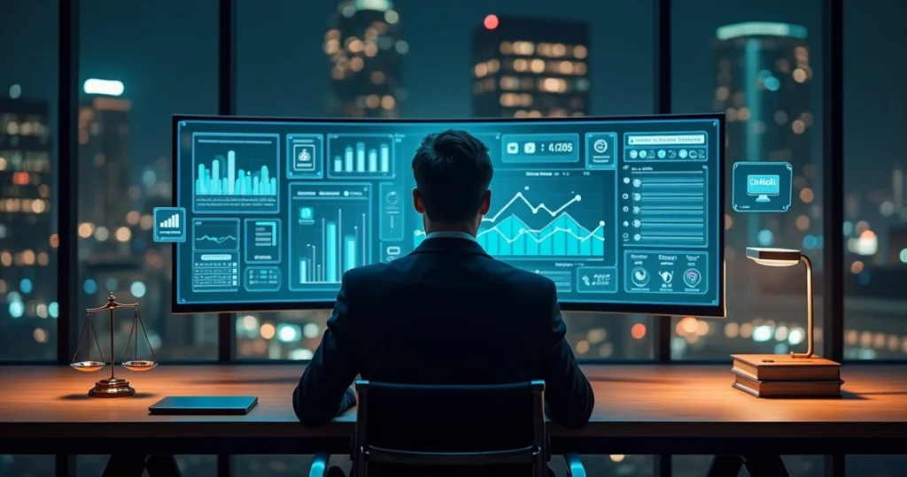 Advogado em escritório moderno analisando painel digital de anúncios online