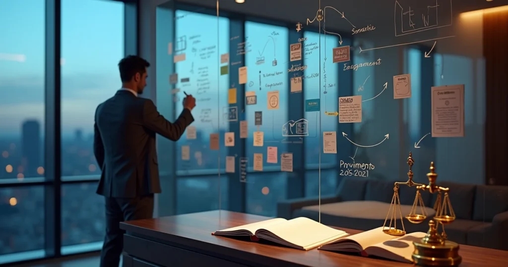 Advogado em escritório moderno planejando marketing digital em mural de vidro com regras da OAB ao lado