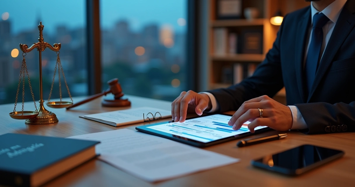 Advogado em escritório analisando estratégias de marketing jurídico em tablet