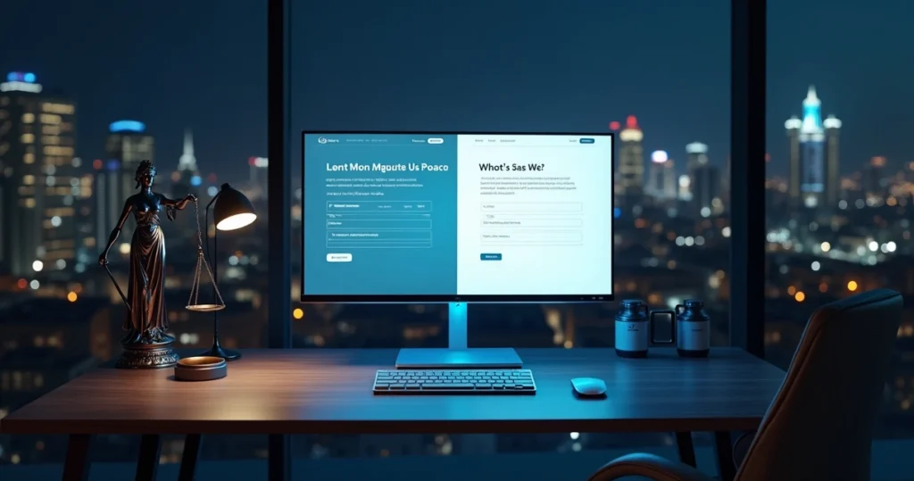 Comparação visual entre landing page e site jurídico em tela dividida