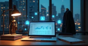 Mesa de advogado com notebook, tablet e projeções digitais de processos jurídicos