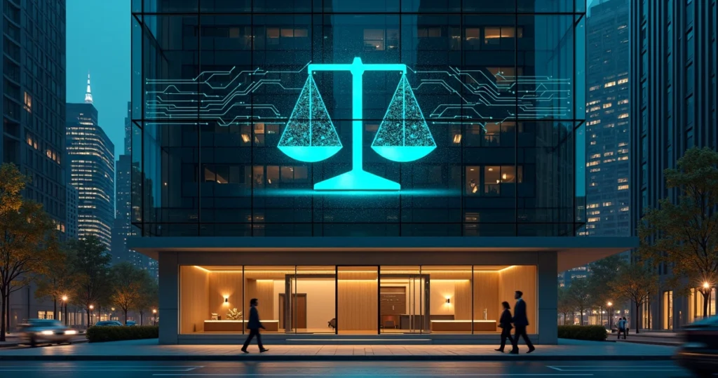 Fachada de prédio corporativo com balança da justiça formada por painéis digitais