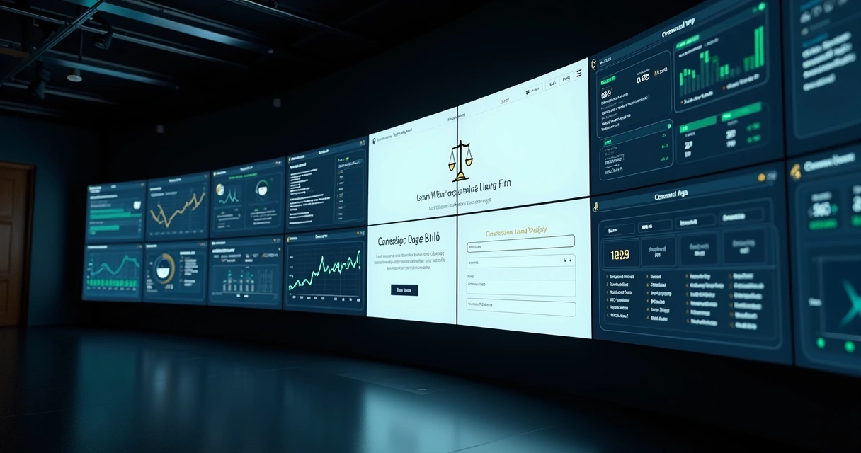 Painel digital exibindo landing page de advocacia e métricas de desempenho