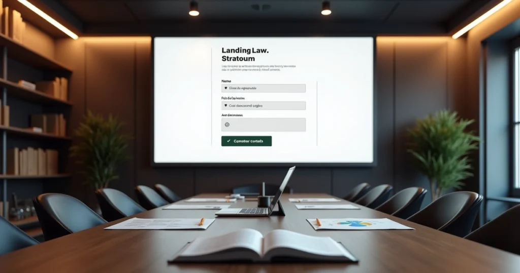 Mockup de landing page de escritório de advocacia com destaque para regras da OAB e LGPD em tela gigante