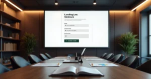 Mockup de landing page de escritório de advocacia com destaque para regras da OAB e LGPD em tela gigante