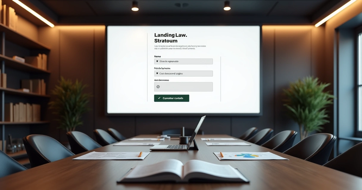 Mockup de landing page de escritório de advocacia com destaque para regras da OAB e LGPD em tela gigante