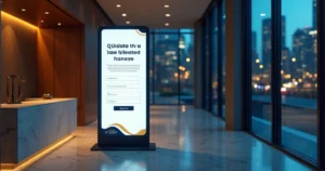 Landing page de advocacia exibida em totem digital com formulário de contato