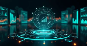 Painel circular de indicadores digitais com ícones jurídicos discretos ao fundo