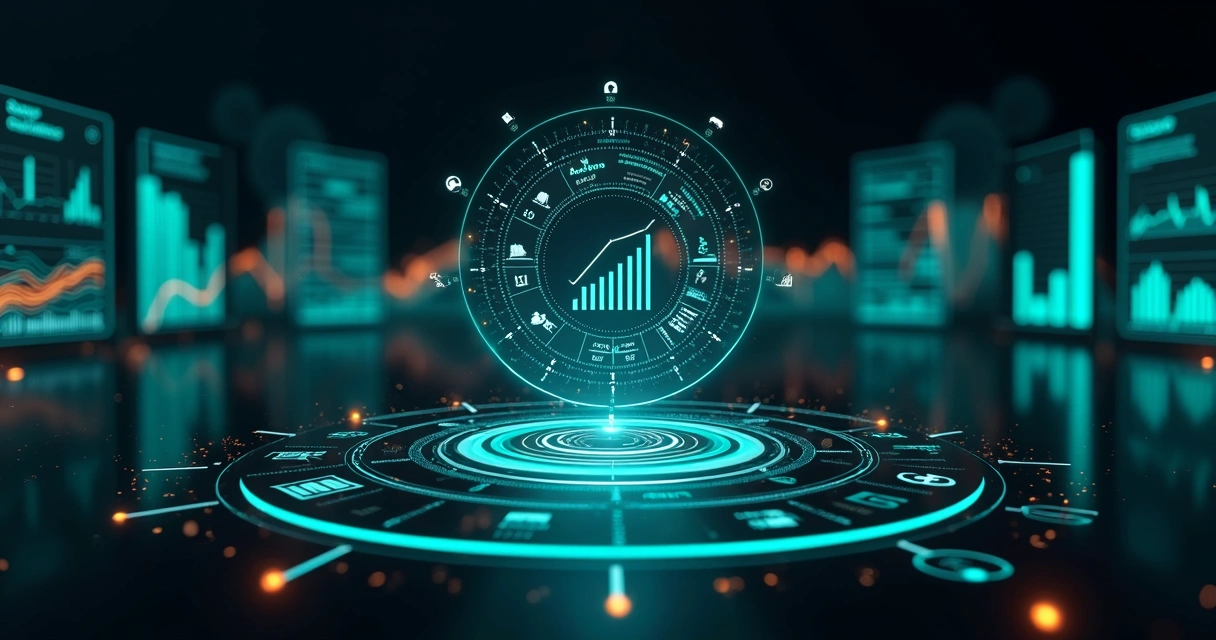 Painel circular de indicadores digitais com ícones jurídicos discretos ao fundo