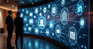 Mural digital com redes sociais e símbolos jurídicos conectados