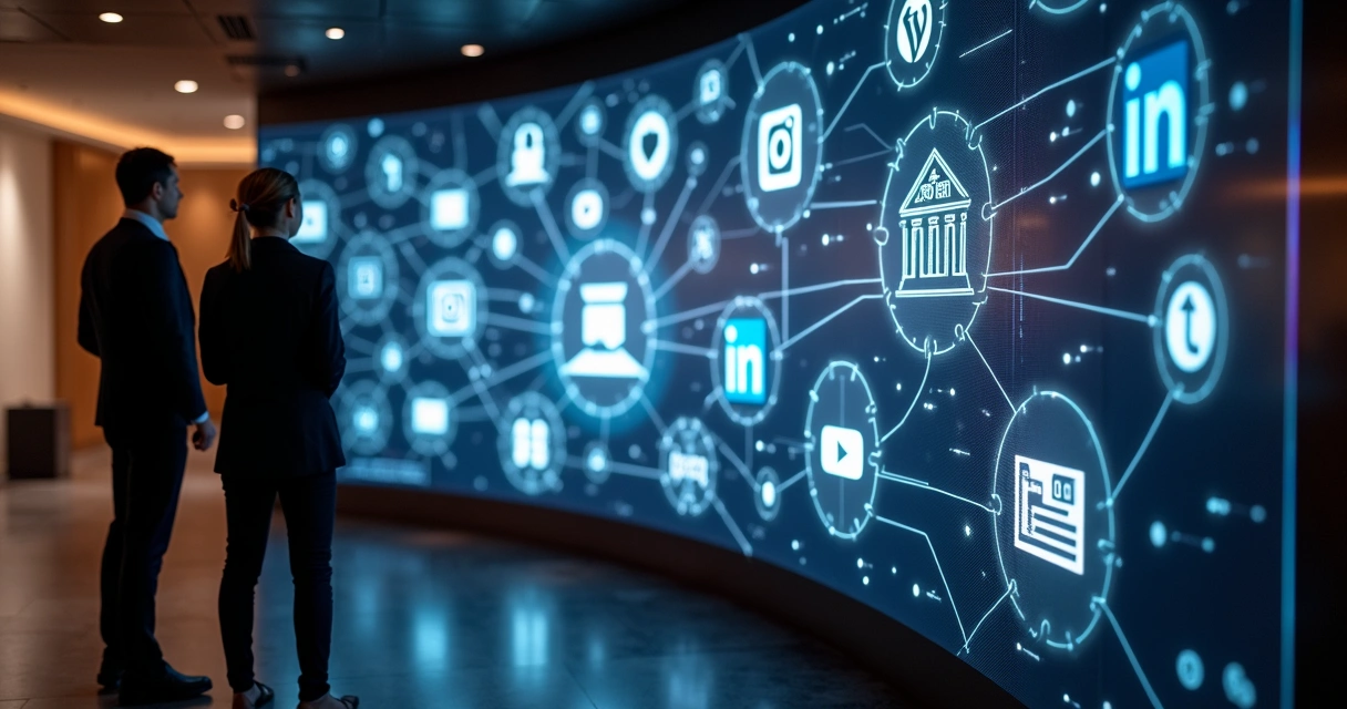 Mural digital com redes sociais e símbolos jurídicos conectados