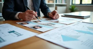 Gestor jurídico organiza perfis de clientes ideais em mesa com cartas coloridas