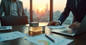 Gestor jurídico analisa na mesa dois fluxos de clientes, indicações e marketing digital