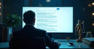 Advogado observa tela vazia de resultados do Google em escritório escuro