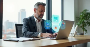 Advogado usando laptop com ícones digitais flutuando em tela limpa