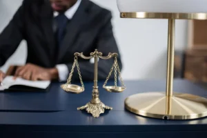 Escritório de advocacia elegante com close em balanças de justiça douradas sobre uma mesa escura, representando identidade