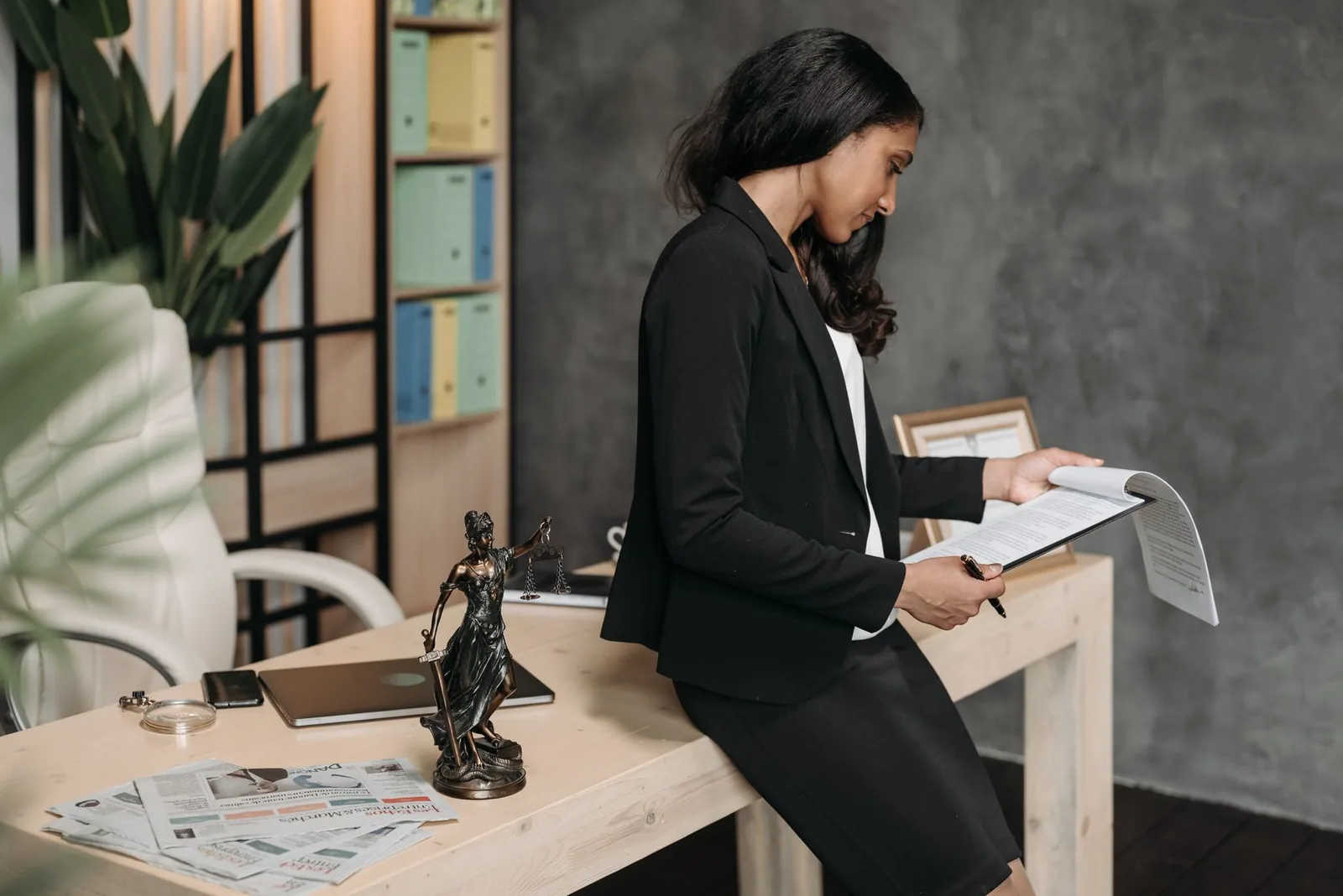 Mulher profissional em terno revisa documentos legais em sua mesa de escritório, representando landing pages para