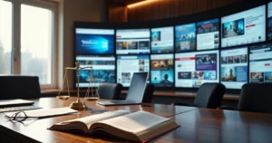 Painel com vários monitores exibindo diferentes sites jurídicos em um ambiente moderno