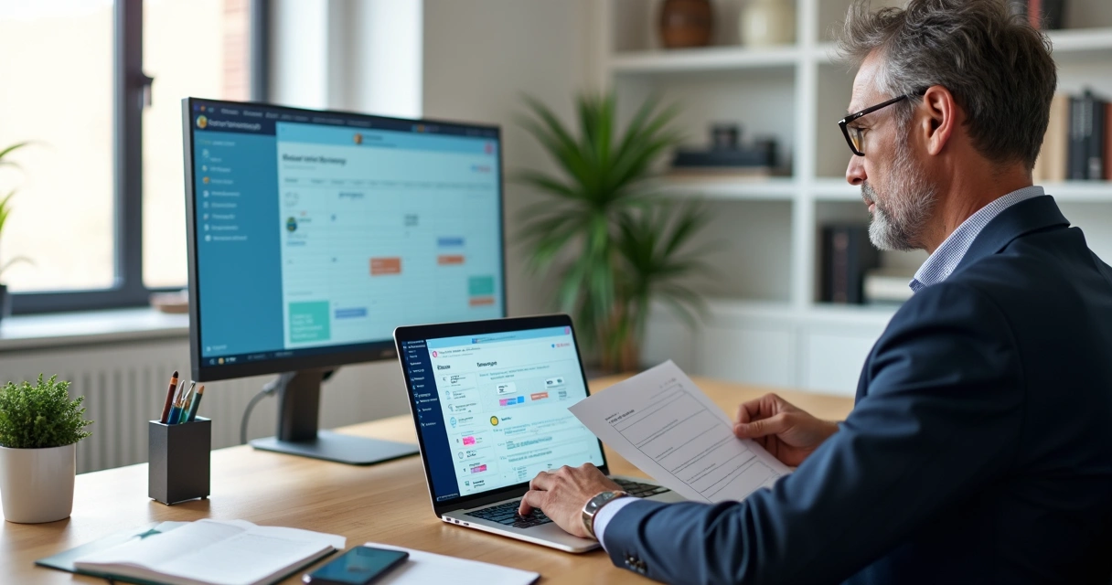 Advogado em escritório moderno usando notebook com calendário e painel de automação de conteúdo