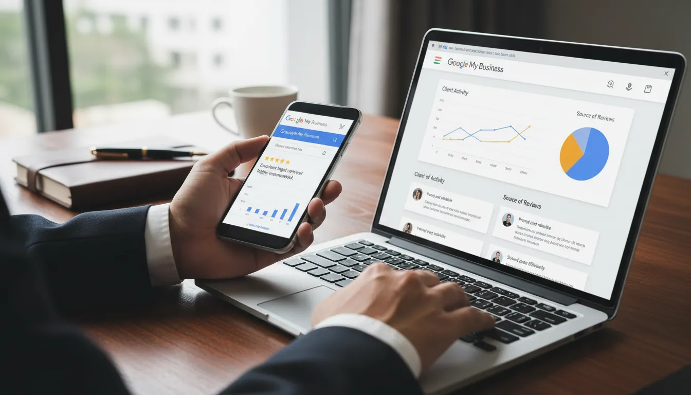 Mãos de advogado usando smartphone e laptop com perfil do Google e avaliações de clientes